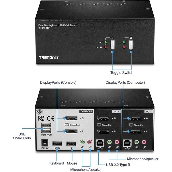 TRENDnet 2-Port Dual Monitor DisplayPort KVM Switch With Audio, 2-Port USB 2.0 Hub, 4K UHD Resolutions Up To 3840 x 2160, Connect Two DisplayPort Monitors, Dual Monitor KVM Switch, Black, TK-240DP