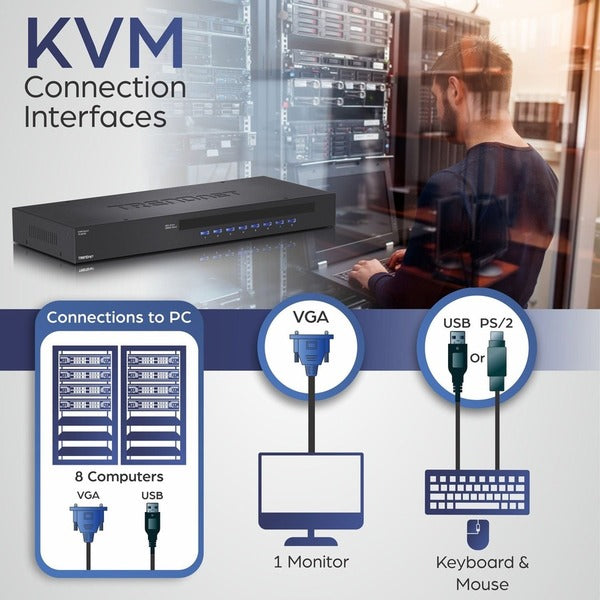 TRENDnet 8-Port USB/PS2 Rack Mount KVM Switch, TK-803R, VGA &amp; USB Connection, Supports USB &amp; PS/2 Connections, Device Monitoring, Auto Scan, Audible Feedback, Control up to 8 Computers/Servers