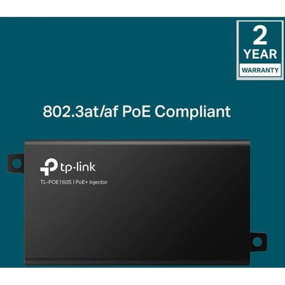 TP-LINK TL-PoE160S - 802.3at/af Gigabit PoE Injector - Non-PoE to PoE Adapter - Supplies PoE (15.4W) or PoE+ (30W) - Plug &amp; Play - Desktop/Wall-Mount - Distance Up to 328 ft. - UL Certified - Black