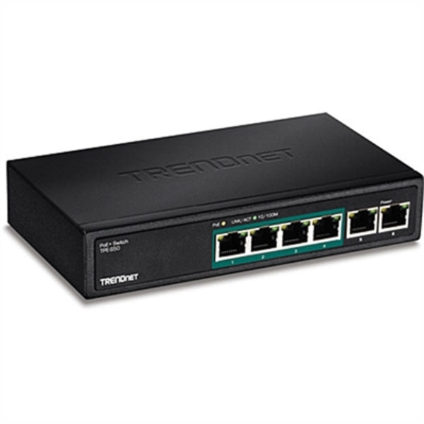 TRENDnet 6-Port Fast Ethernet PoE+ Switch, 4 x Fast Ethernet PoE Ports, 2 x Fast Ethernet Ports, 60W PoE Budget, 1.2 Gbps Switch Capacity, Metal, Lifetime Protection, Black, TPE-S50