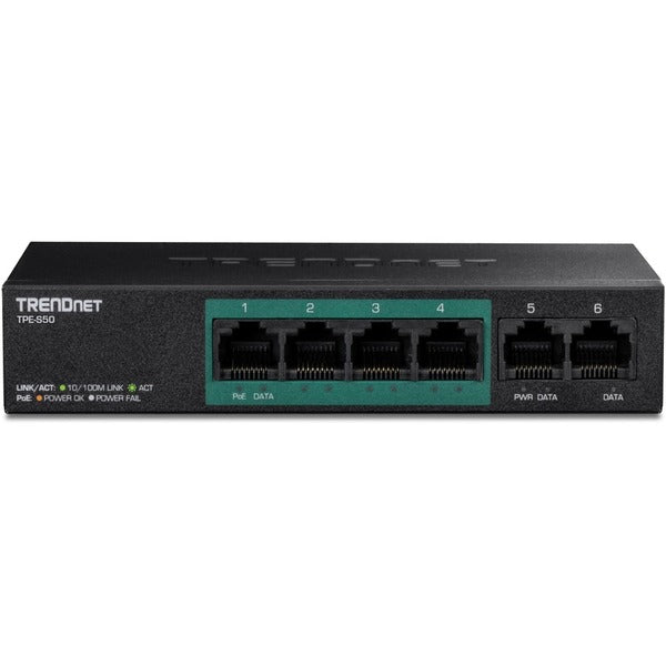 TRENDnet 6-Port Fast Ethernet PoE+ Switch, 4 x Fast Ethernet PoE Ports, 2 x Fast Ethernet Ports, 60W PoE Budget, 1.2 Gbps Switch Capacity, Metal, Lifetime Protection, Black, TPE-S50