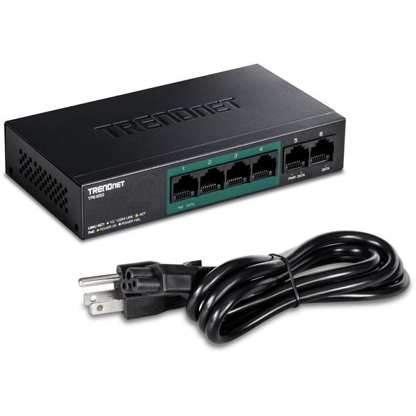 TRENDnet 6-Port Fast Ethernet PoE+ Switch, 4 x Fast Ethernet PoE Ports, 2 x Fast Ethernet Ports, 60W PoE Budget, 1.2 Gbps Switch Capacity, Metal, Lifetime Protection, Black, TPE-S50