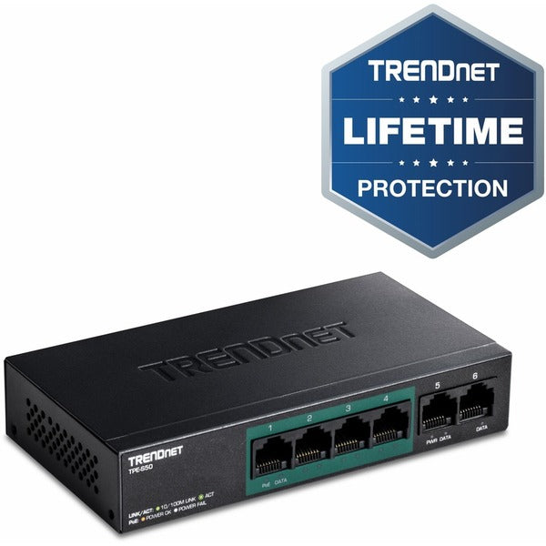 TRENDnet 6-Port Fast Ethernet PoE+ Switch, 4 x Fast Ethernet PoE Ports, 2 x Fast Ethernet Ports, 60W PoE Budget, 1.2 Gbps Switch Capacity, Metal, Lifetime Protection, Black, TPE-S50