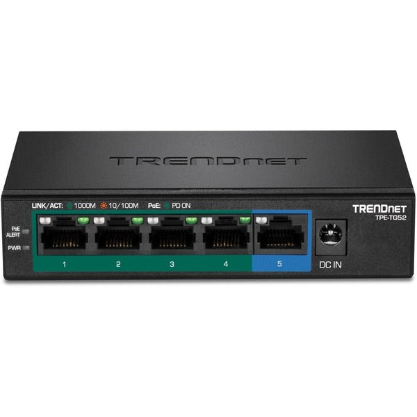 TRENDnet 5-Port Gigabit PoE+ Switch, 32W PoE Power Budget, 10Gbps Switching Capacity, IEEE 802.1p QoS, DSCP Pass-Through Support, Fanless, Wall Mountable, Lifetime Protection, Black, TPE-TG52