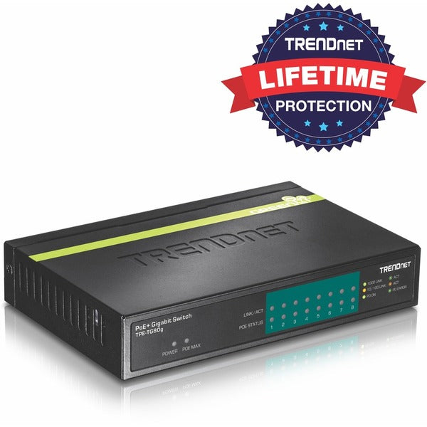 TRENDnet 8-Port Gigabit PoE+ Switch, 8 x Gigabit PoE+ Ports, 123W PoE Power Budget, 16 Gbps Switching Capacity, Desktop Switch, Ethernet Network Switch, Metal, Lifetime Protection, Black, TPE-TG80G