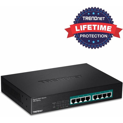 TRENDnet 8-Port Gigabit GREENnet PoE+ Switch; TPE-TG81g; 8 x Gigabit PoE+ Ports; Rack Mountable; Up to 30 W Per Port with 110 W Total Power Budget; Ethernet Network Switch; Metal; Lifetime Protection