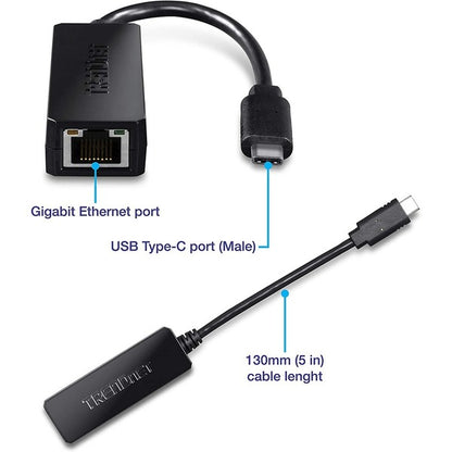 TRENDnet USB Type-C to Gigabit Ethernet LAN Wired Network Adapter for Windows &amp; Mac; Compatible with Windows 10; and Mac OS X 10.6 and Above; Energy Saving; 5 inch length; TUC-ETG