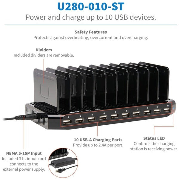 Tripp Lite 10-Port USB Charging Station Hub w Adjustable Storage Tablet / Smartphone / iPad / Iphone 5V 21A 105W