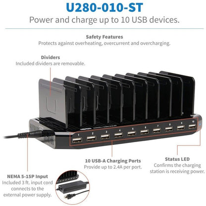 Tripp Lite 10-Port USB Charging Station Hub w Adjustable Storage Tablet / Smartphone / iPad / Iphone 5V 21A 105W