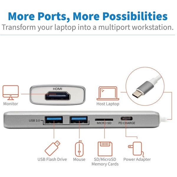 Tripp Lite USB C Docking Station 4k @ 30Hz w/USB Hub HDMI Micro SD Charging, USB Type C, USB-C, USB Type-C