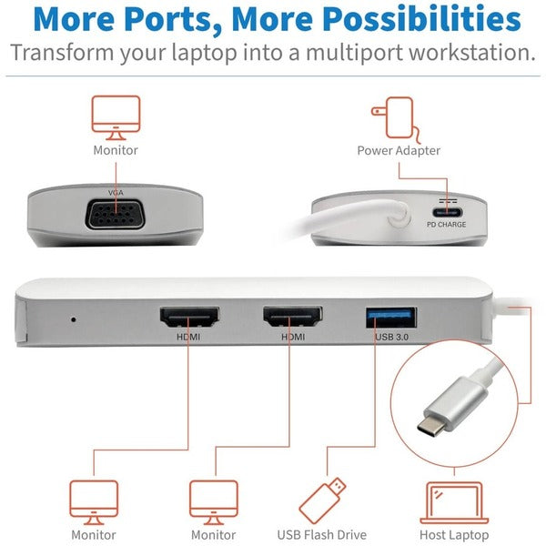 Tripp Lite USB C Docking Station w/USB Hub, 2x HDMI, VGA, PD Charging 1080p, USB Type C, USB-C, USB Type-C