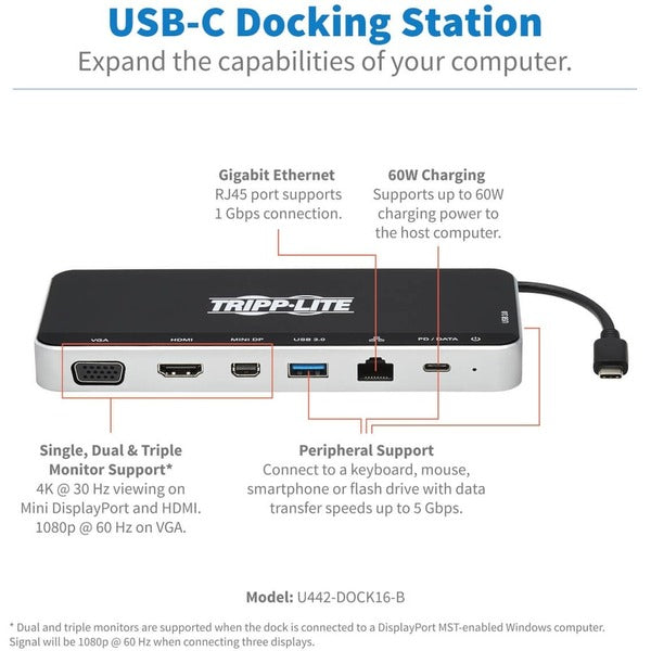 Tripp Lite USB C Docking Station Hub Triple Display 4K HDMI VGA USB A/C Gbe