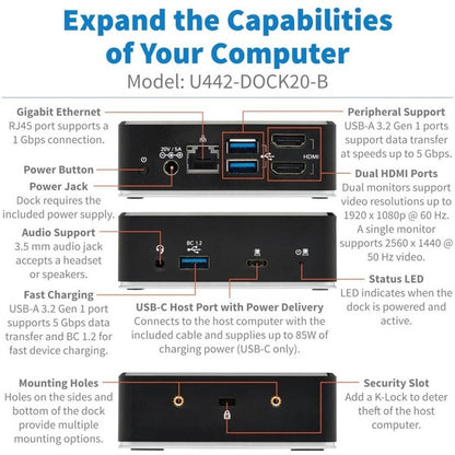 Tripp Lite USB C Dock Dual Display HDMI USB 3.2 Gen 1 USB-A Hub Gbe 3.5mm