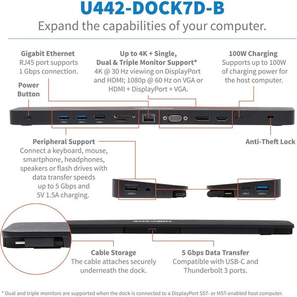 Tripp Lite USB C Docking Station Triple Monitor 4K HDMI DP VGA USB A/C Gbe