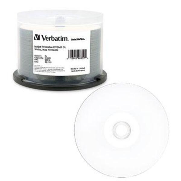 Verbatim DVD+R DL 8.5GB 8X DataLifePlus White InkJet Printable, Hub Printable - 50pk Spindle