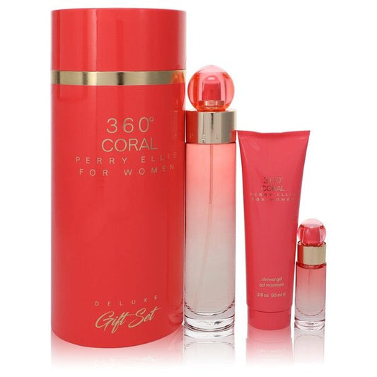 Perry Ellis 360 Coral Gift Set - 3.4 Oz Eau De Parfum Spray + .25 Oz Mini Edp Spray + 3 Oz Shower Gel -- For Women