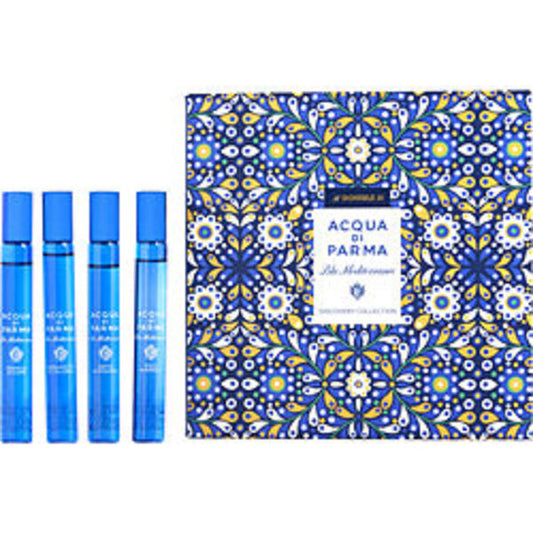 ACQUA DI PARMA BLUE MEDITERRANEO VARIETY by Acqua di Parma 4 PIECE VARIETY WITH MIRTO DI PANAREA & BERGAMOTTO DI CALABRIA & FICO DI AMALFI & ARANCIA DI CAPRI AND ALL ARE ROLL ON 0.3 OZ MINI For Anyone