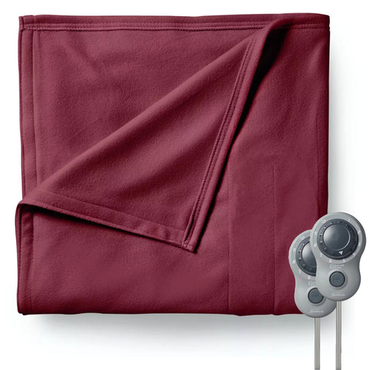 Sunbeam Queen Size Electric Fleece Heated Blanket in Garnet with Dual Zone